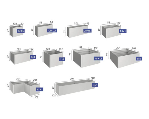 Översikt över olika planteringslådestorlekar med mått.