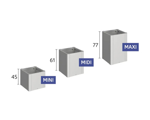Tre blomkrukor i storlekarna Mini, Midi och Maxi med höjdangivelser.