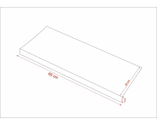 Skiss av en träplanka som är 65 centimeter lång, 25 centimeter bred och 3 centimeter hög