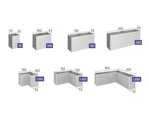 Översikt över olika rektangulära och hörnformade blomlådor med måttangivelser