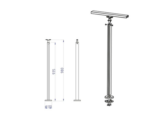 Teknisk ritning av en räcke med mått