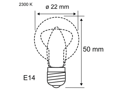 Bild på en E14-glödlampa med måtten 22 mm i diameter och 50 mm i höjd vid 2300 Kelvin.