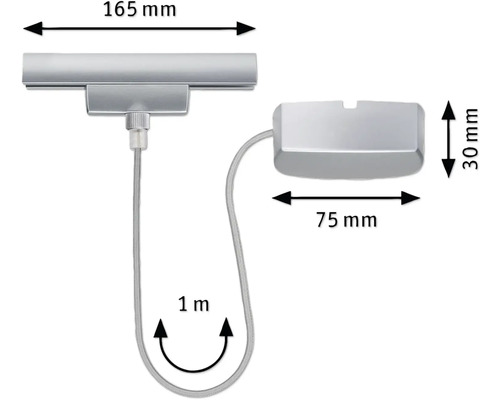 Möbelbelysning med måtten 165 mm gånger 75 mm och en kabellängd på 1 m.