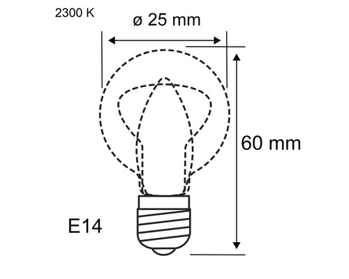 Teknisk ritning av en E14 glödlampa med måtten 25 millimeter i diameter och 60 millimeter i höjd, 2300 Kelvin