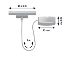 Bild på dimensionerna på en möbelbelysning: 165 mm bred, 30 mm hög, 75 mm djup, 1 meter kabellängd