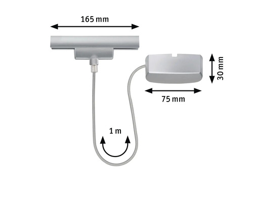 Bild på dimensionerna på en möbelbelysning: 165 mm bred, 30 mm hög, 75 mm djup, 1 meter kabellängd