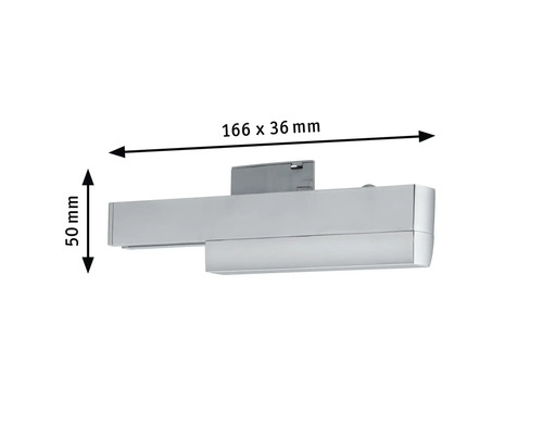 Kromfärgad vägglampa med måtten 166 x 36 millimeter och 50 millimeter höjd.