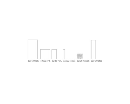 Olika kakelformat: 60x120 rektifierad, 60x60 rektifierad, 30x60 rektifierad, 7,5x60 sockel, 30x30 mosaik, 30x120 trappsteg