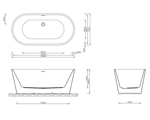Teknisk ritning av ett fristående badkar med mått