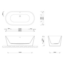 Teknisk ritning av ett fristående badkar med mått