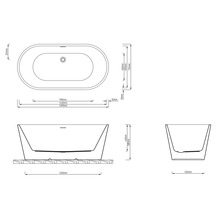 Teknisk ritning av ett fristående badkar med mått
