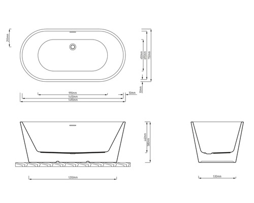 Teknisk ritning av ett fristående badkar med mått