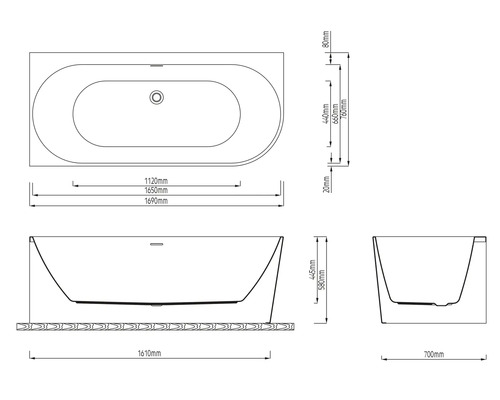 Teknisk ritning av ett badkar med mått