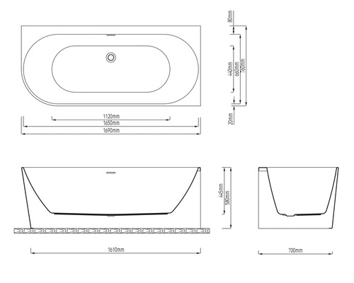 Teknisk ritning av ett badkar med mått