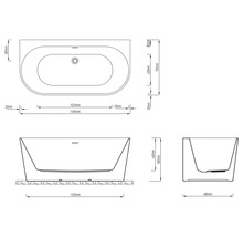 Teknisk ritning av ett badkar med måttangivelser