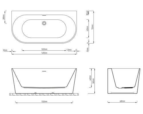 Teknisk ritning av ett badkar med måttangivelser