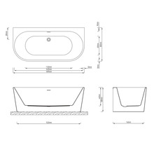 Teknisk ritning av ett badkar med mått för installation.