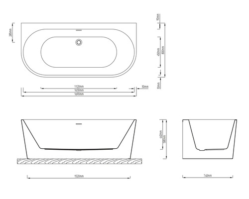 Teknisk ritning av ett badkar med mått för installation.