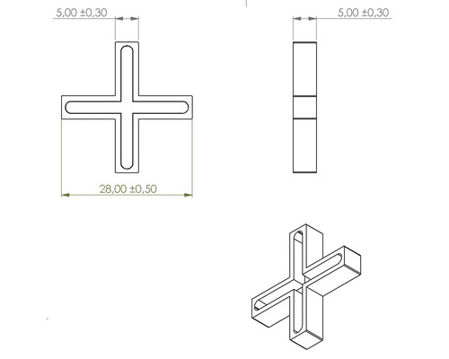 Teknisk ritning av ett fogkryss för plattor med måttangivelser