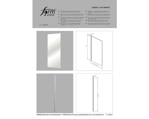 Modena 1200 spegelsidovägg med spegelglas och aluminiumprofil