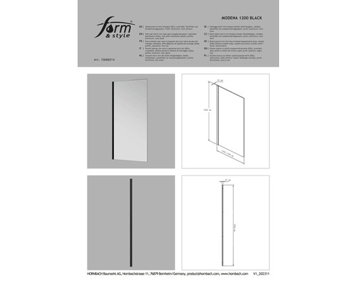 Sidovägg med 6 mm klarglas (härdat säkerhetsglas), vändbar, pärleffekt och snabbmonteringssystem, profil: aluminium, matt svart
