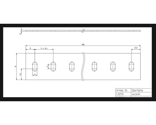 Teknisk ritning av en galvaniserad perforerad plåt med dimensioner