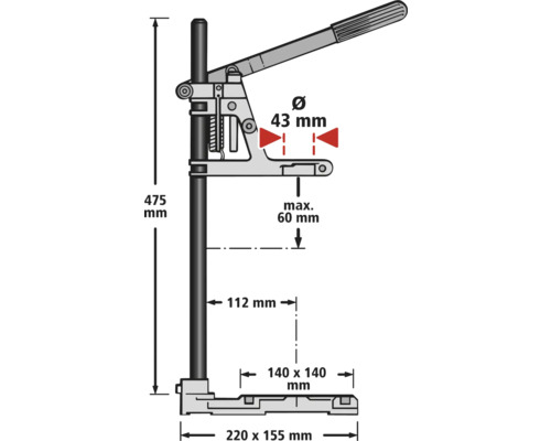 Teknisk ritning av en handspakpress med dimensioner
