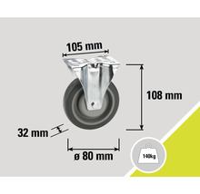 Hjulmått: 105 mm x 108 mm, hjuldiameter 80 mm, hjulbredd 32 mm, lastkapacitet 140 kg