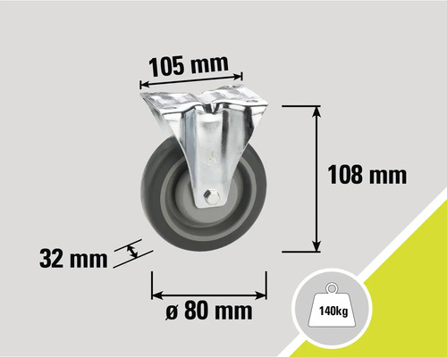 Hjulmått: 105 mm x 108 mm, hjuldiameter 80 mm, hjulbredd 32 mm, lastkapacitet 140 kg