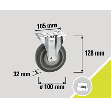 Svängbart hjul med måtten 105 mm, 128 mm, 32 mm och diameter 100 mm, lastkapacitet 150 kg