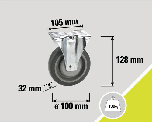 Svängbart hjul med måtten 105 mm, 128 mm, 32 mm och diameter 100 mm, lastkapacitet 150 kg