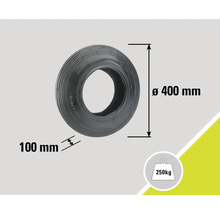 Svart däck med måtten 400 mm diameter och 100 mm bredd, maximal belastning 250 kg.