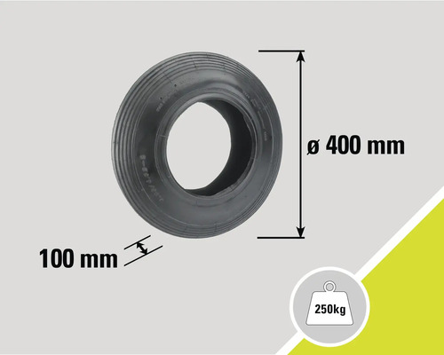 Svart däck med måtten 400 mm diameter och 100 mm bredd, maximal belastning 250 kg.