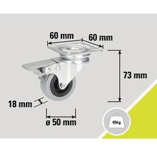 Svänghjul med broms och måttangivelser: 60 mm, 73 mm, 18 mm, diameter 50 mm, 45 kg lastkapacitet