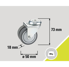 Svänghjul med måtten 73 mm höjd, 50 mm diameter och 18 mm hjulbredd, lastkapacitet upp till 80 kg