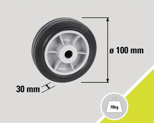 Hjul med måtten 100 mm diameter och 30 mm bredd, lastkapacitet 70 kg