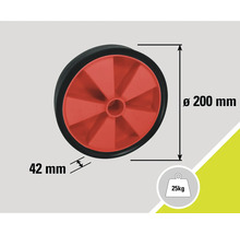 Hjul med en diameter på 200 millimeter och en lastkapacitet på 25 kilogram.