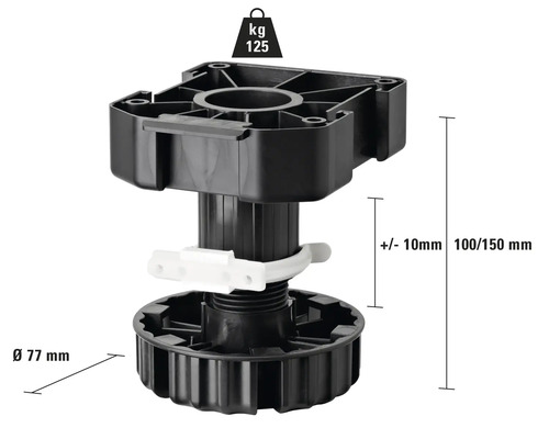 Möbelfot av plast, diameter 77 millimeter, höjd 100 till 150 millimeter, lastkapacitet 125 kilogram