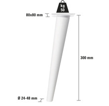 Ett vitt möbelben med måtten 300 mm längd, 80 x 80 mm platta och en diameter på 24 till 48 mm