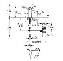 Teknisk ritning av en vattenkran med måttangivelser