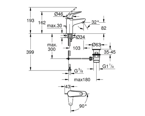 Teknisk ritning av en vattenkran med måttangivelser