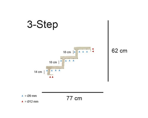 Teknisk ritning av trappa med tre steg och dimensioner