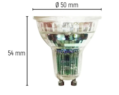 GU10 LED-lampa med måtten diameter 50 millimeter och höjd 54 millimeter