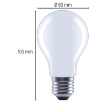Bild av en glödlampa med måtten 60 millimeter i diameter och 105 millimeter i längd.