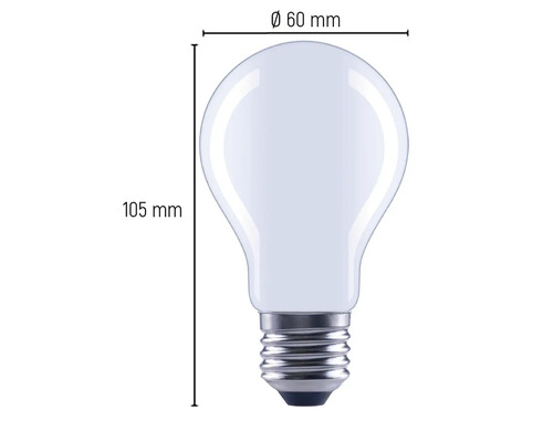 Bild av en glödlampa med måtten 60 millimeter i diameter och 105 millimeter i längd.