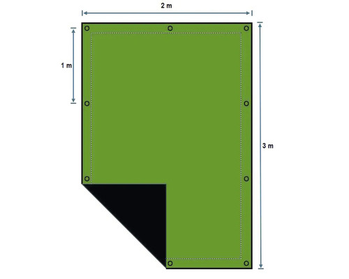 Toppvy av en rektangulär presenning som mäter två gånger tre meter