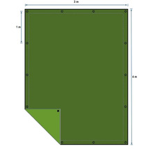 Bild av en presenning som mäter 3 meter gånger 4 meter med öljetter för fastsättning