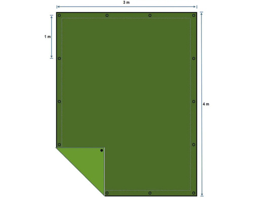 Bild av en presenning som mäter 3 meter gånger 4 meter med öljetter för fastsättning