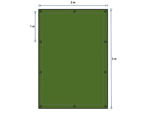 Teknisk ritning av en rektangulär presenning med måtten två gånger tre meter.