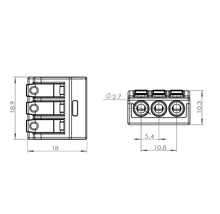 Teknisk ritning av en 3-polig kopplingsplint med måttangivelser